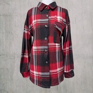 Liberty Love XS Oversized Button Up Red Black Plaid Flowy Versatile Layering Top